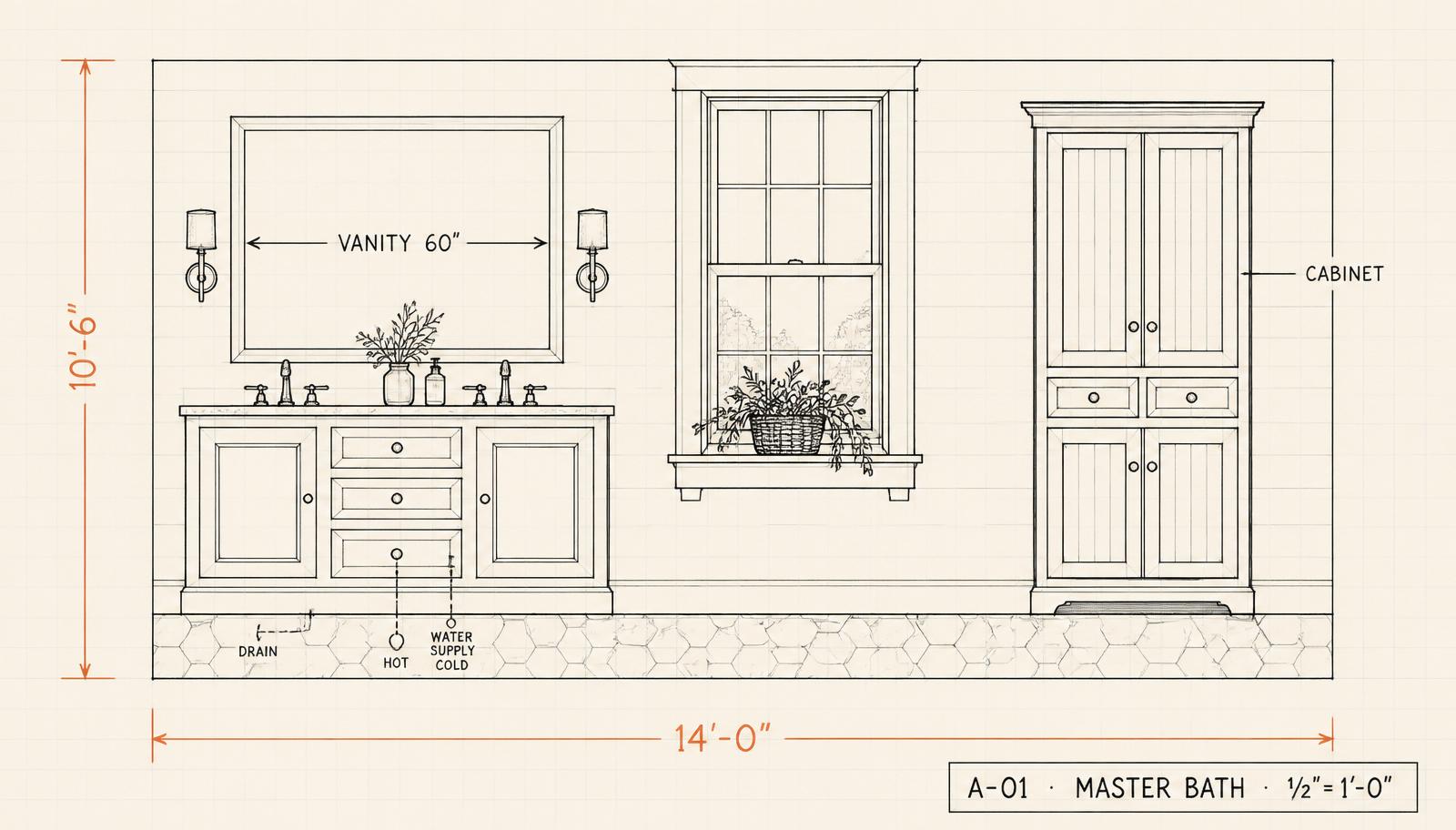 blueprint sketch of the master bath